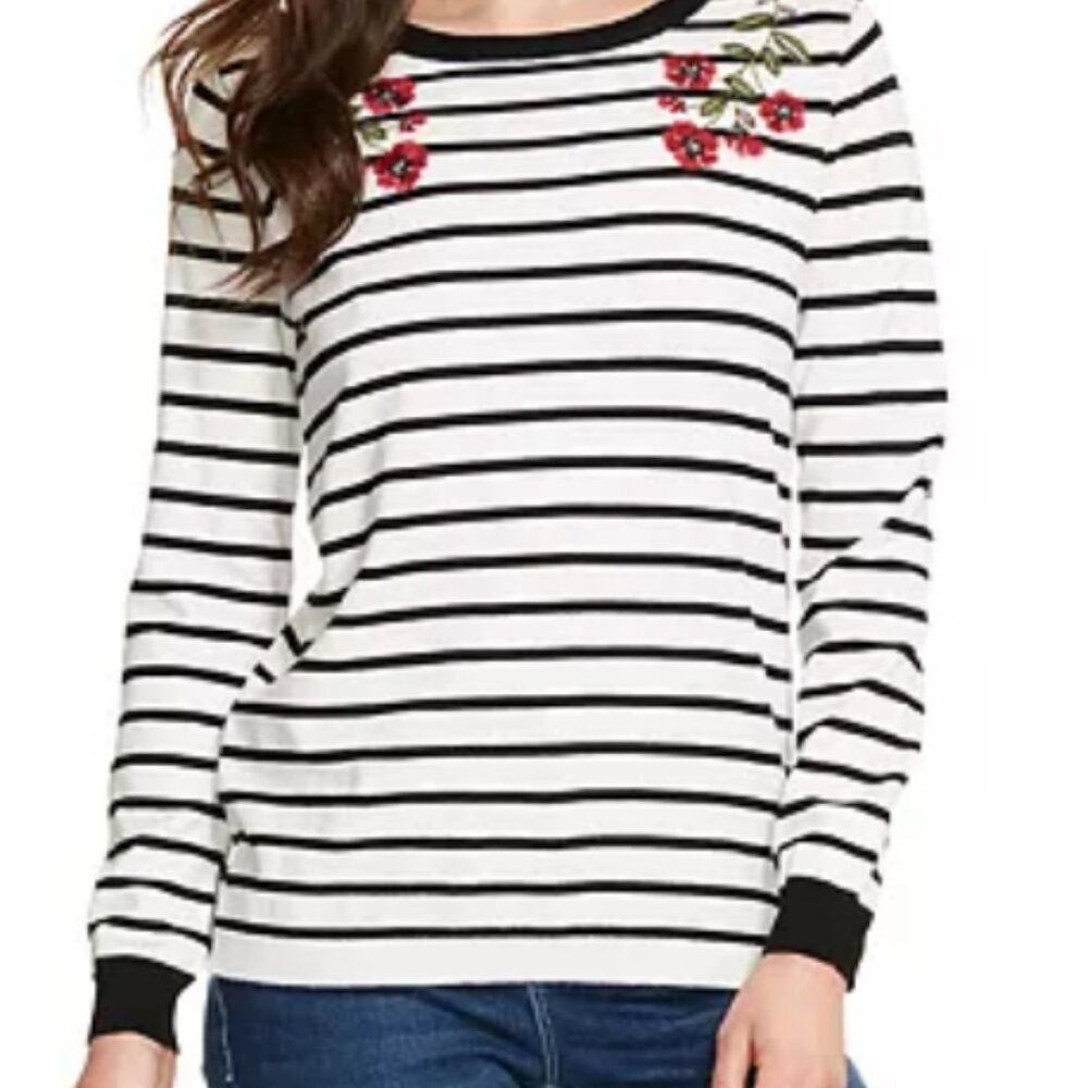 LOFT Striped Floral Embroidered Long Sleeve Top Women's Medium